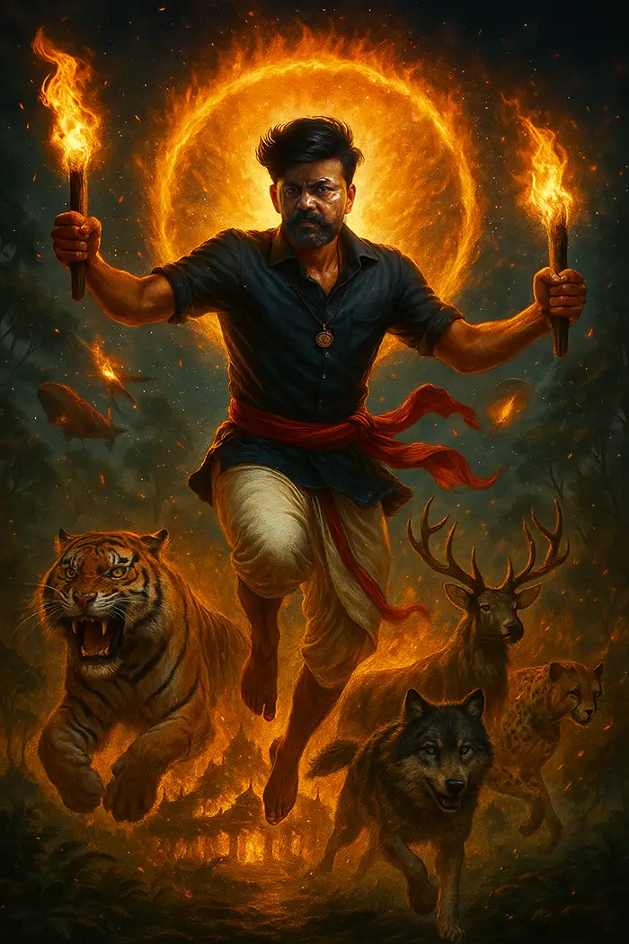 20-year-old young Indian boy depicted as a fearless, divine jungle warrior