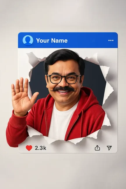 3D pop-out digital illustration breaking through an facebook post frame