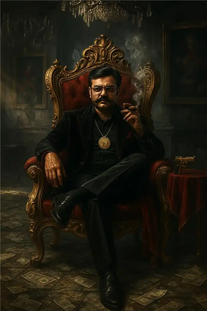 Digital portrait featuring a dominant, composed man seated on gilded throne