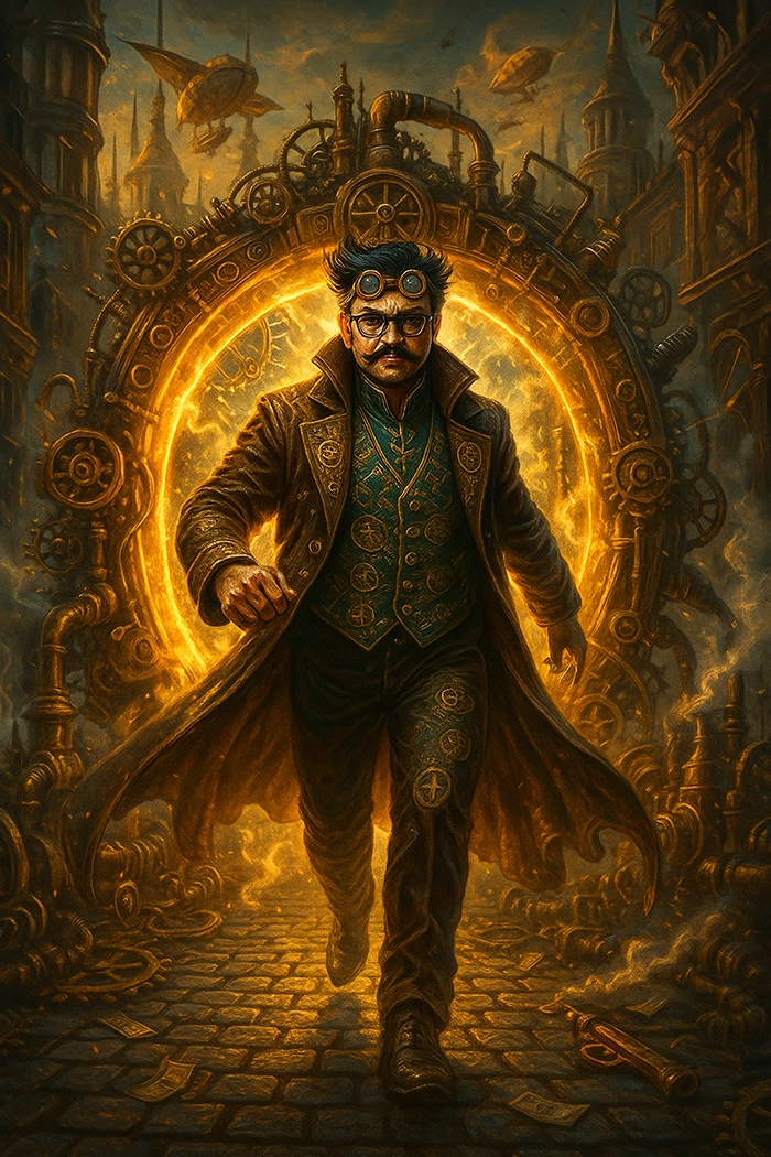 A Person, futuristic steampunk scene of a time-traveling heroic stepping out