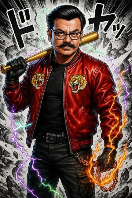 An anime character standing in front of a manga comic panel background.