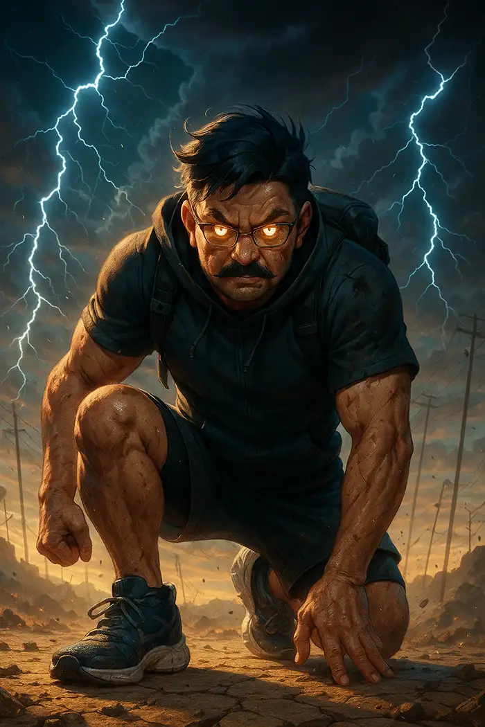 Anime-inspired, fierce warrior crouching on battlefield under a stormy sky, lightning bolts