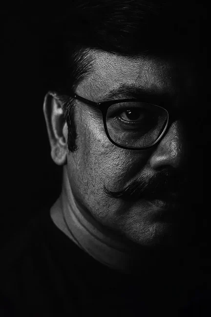 Cinematic double exposure with a post-apocalyptic cityscape inside silhouette