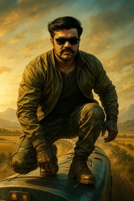 Cinematic action scene featuring a man crouched atop a speeding train