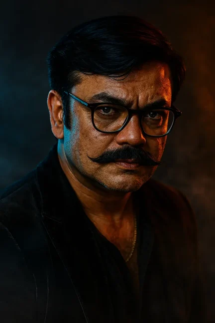 Close-up portrait of a male model with contrasting amber and blue light