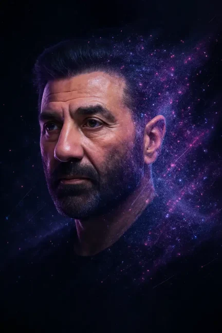 Cosmic particle dispersion style portrait, tiny specks of light and neon fragments