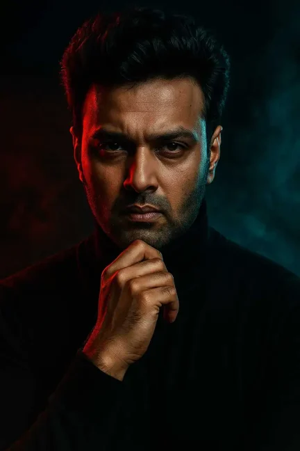 Dramatic red & teal split lighting portrait creating high contrast magazine cover