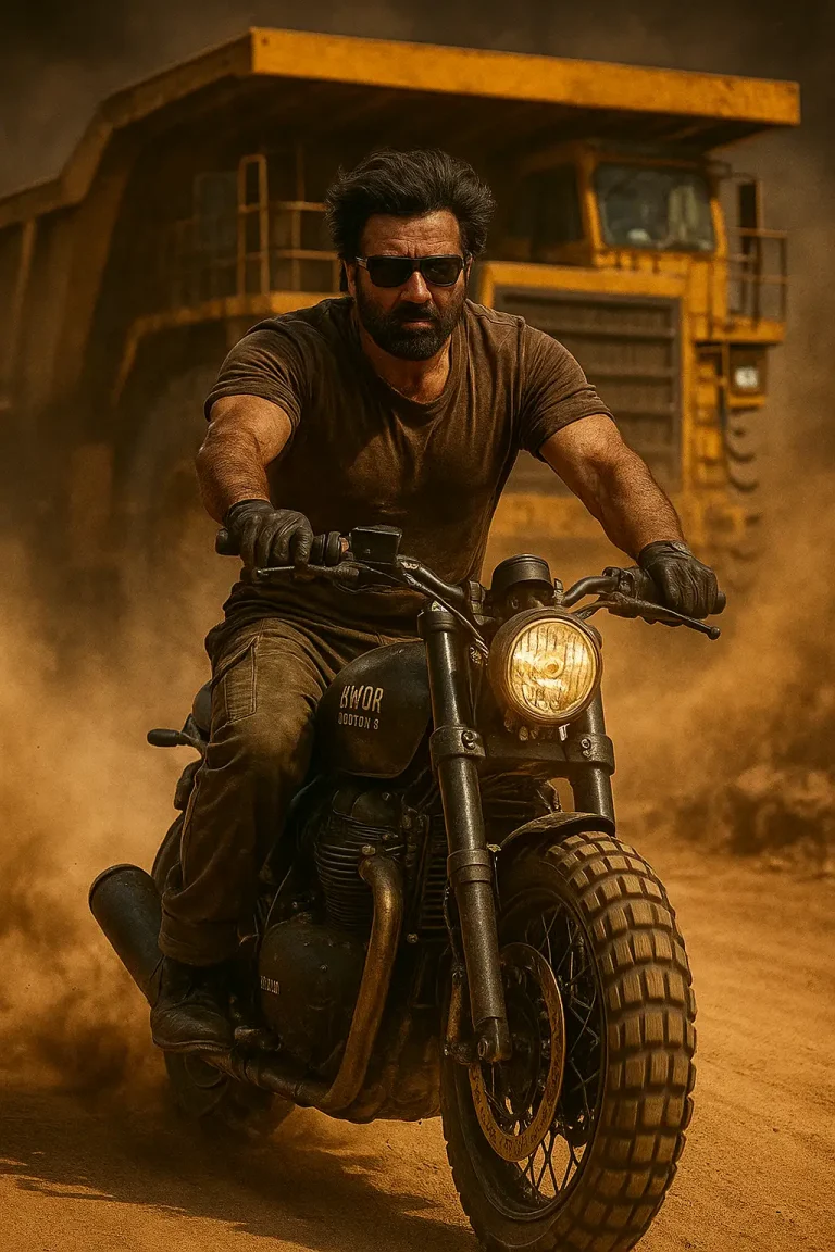 Fearless man riding black motorcycle on a dusty industrial road