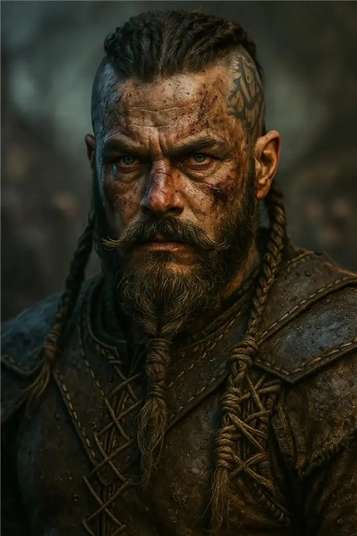 Fierce Viking warrior in a gritty, cinematic style, intense gaze with piercing eyes