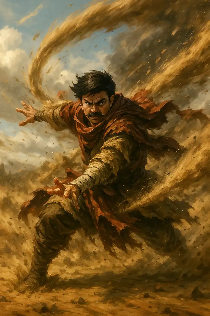 Fierce warrior with controlling swirling sand in a desert wears tattered robes
