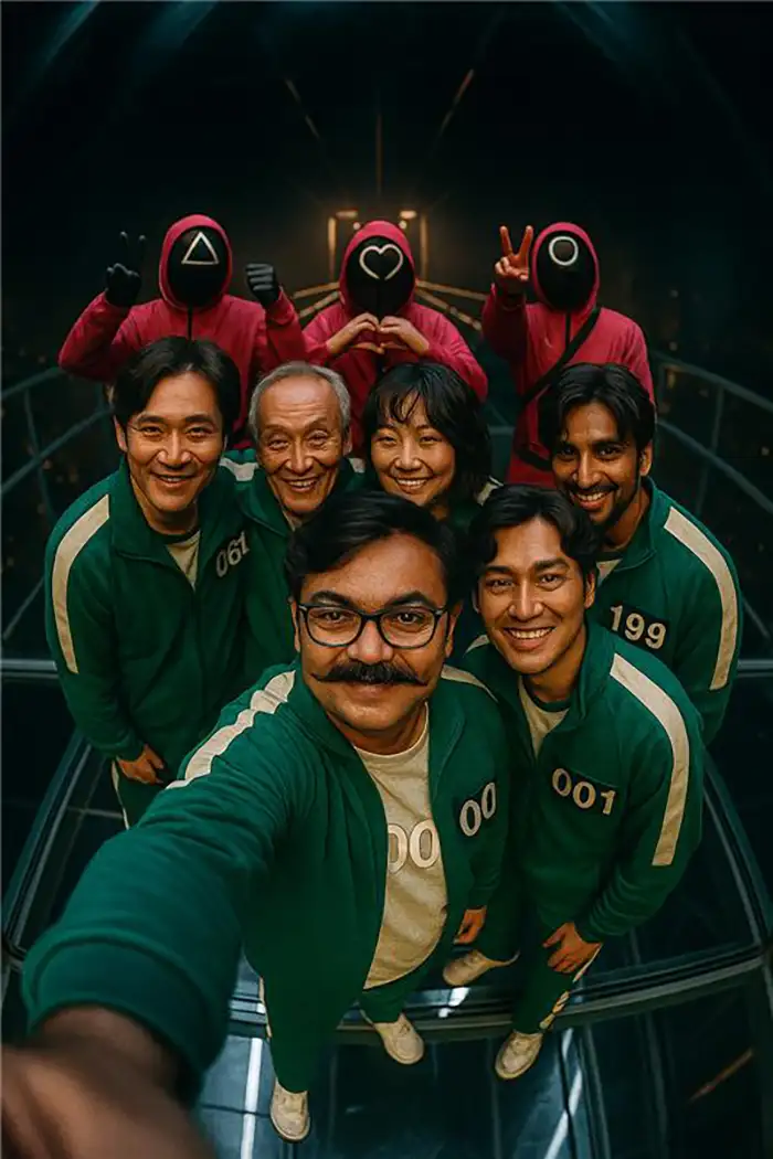 Fisheye lens selfie view on iconic Squid Game Season 2 glass bridge arena