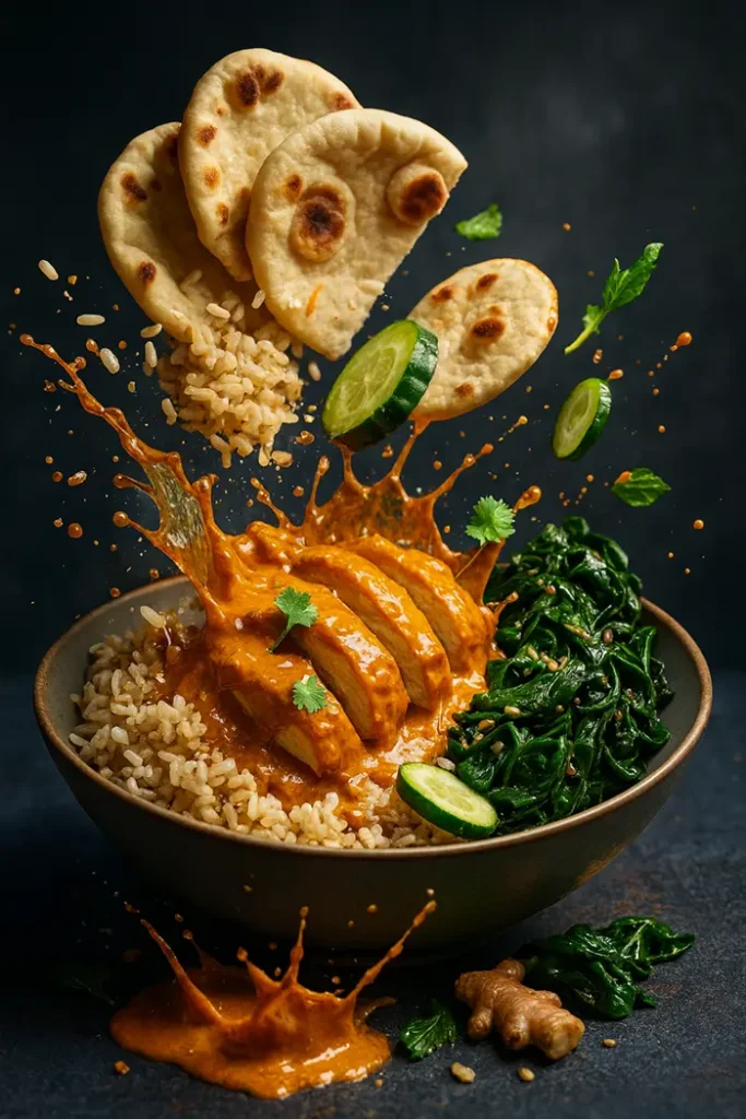 Food photo delicious dynamically falling into same plate, splashing food