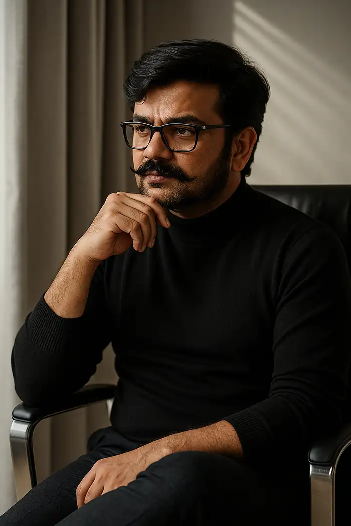 Full-color photograph of a man seated in a modern office chair, introspective pose