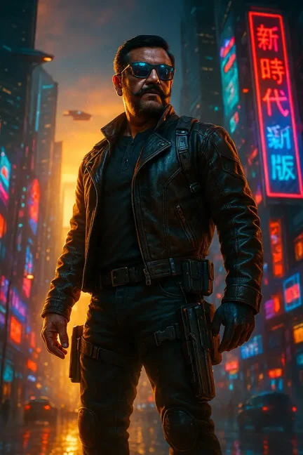 Futuristic mercenary standing in a neon-drenched dystopian city, dominance & power