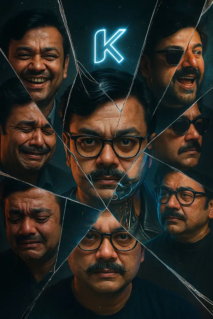 Giant cracked mirror, reflecting different emotional version of realistic male