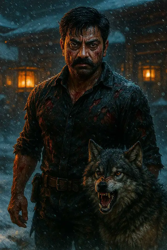 Heroic warrior stands in a snow-covered courtyard beside an snarling wolf