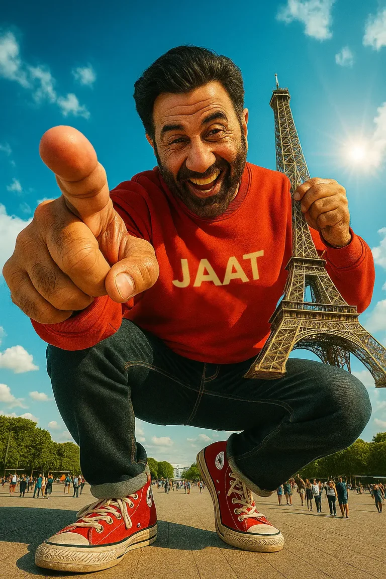 Humorous scene featuring a giant man towering in Paris, holding Eiffel Tower