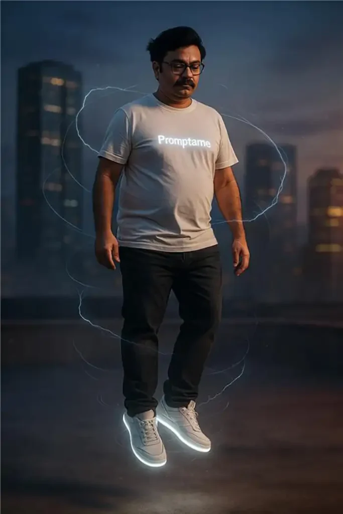 Hyper-realistic man floating mid-air surrounded by drifting particles and fog