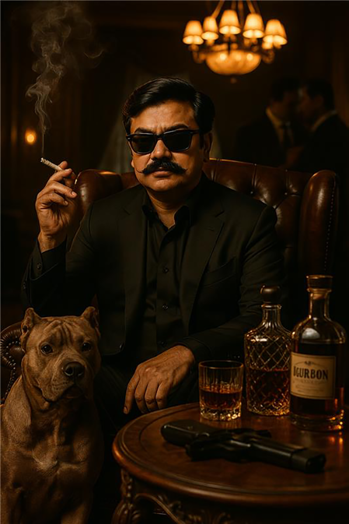 Inspired by classic mafia films, man is seated in a luxurious dark leather armchair