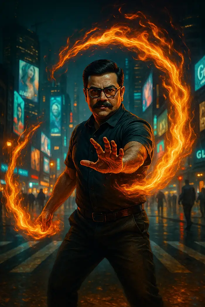 Man in urban intersection at night, fire erupts around him in circular motion