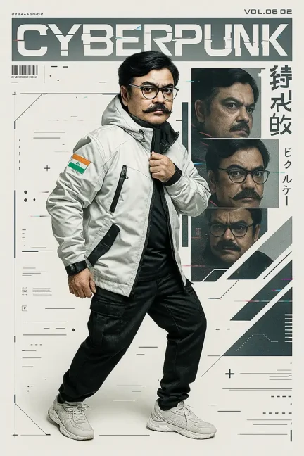 Man posing confidently, wearing white techwear jacket and white sneakers.