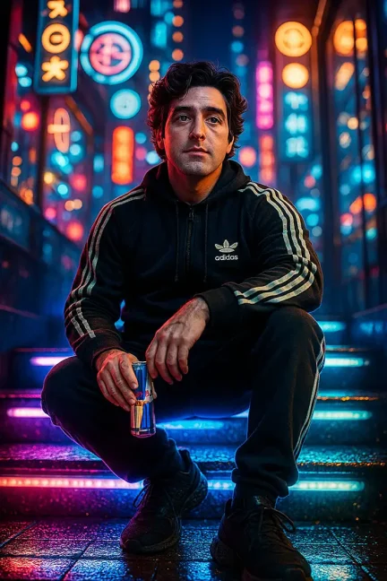 Reference is attached image for facial features. A young man sitting casually on neon-lit stairs in a futuristic city at night. He wears a black Adidas tracksuit and matching black sneakers. He’s holding a Red Bull can in one hand. The scene is set in a cyberpunk atmosphere with glowing signs, bright neon lights, and vivid reflections on glass. Captured from a low angle in urban street photography style, with dramatic cinematic lighting, shallow depth of field (bokeh), sharp focus, vibrant colors, and high-definition cinematic HDR quality.