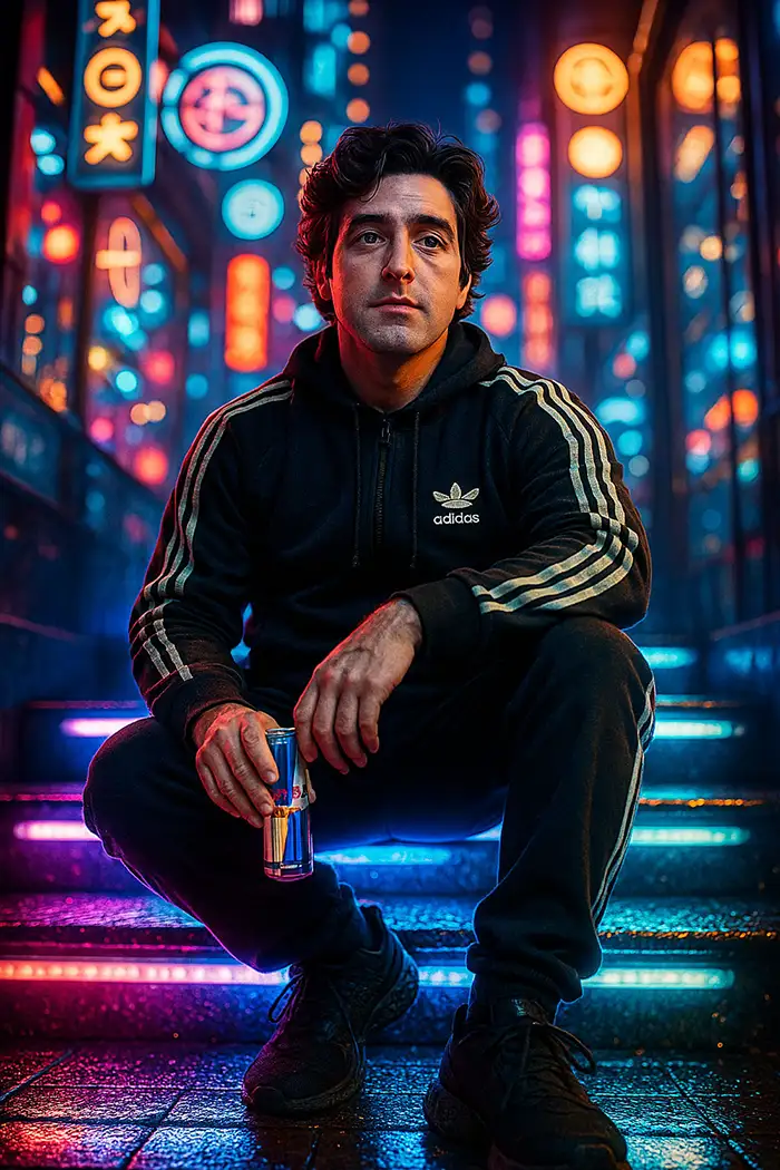 Reference is attached image for facial features. A young man sitting casually on neon-lit stairs in a futuristic city at night. He wears a black Adidas tracksuit and matching black sneakers. He’s holding a Red Bull can in one hand. The scene is set in a cyberpunk atmosphere with glowing signs, bright neon lights, and vivid reflections on glass. Captured from a low angle in urban street photography style, with dramatic cinematic lighting, shallow depth of field (bokeh), sharp focus, vibrant colors, and high-definition cinematic HDR quality.