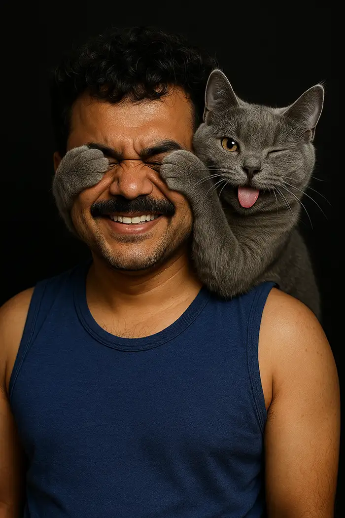 Man wearing a sleeveless shirt, cat sits and playfully covers eyes with paws.
