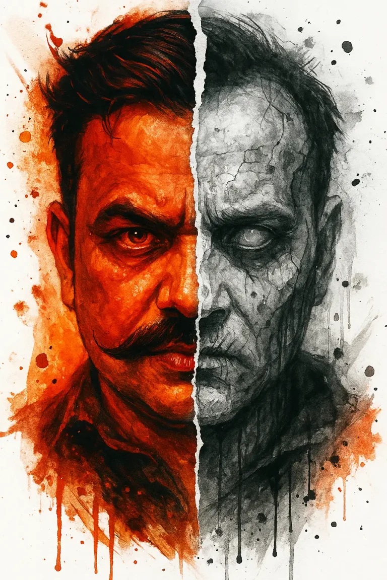 Man with dual expressions split down the middle by jagged, torn textures