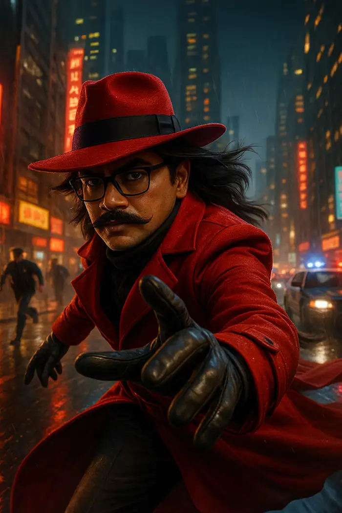 Mysterious high-speed thief in red trench coat, sprinting street at night