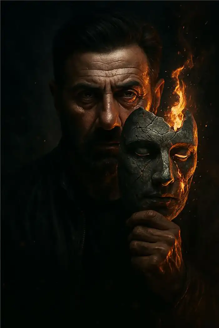 Mysterious man in a dark setting, holding a cracked stone mask