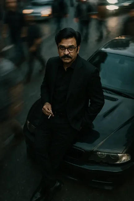 Overhead cinematic shot of me, leaning against the hood of a black M3 GTR