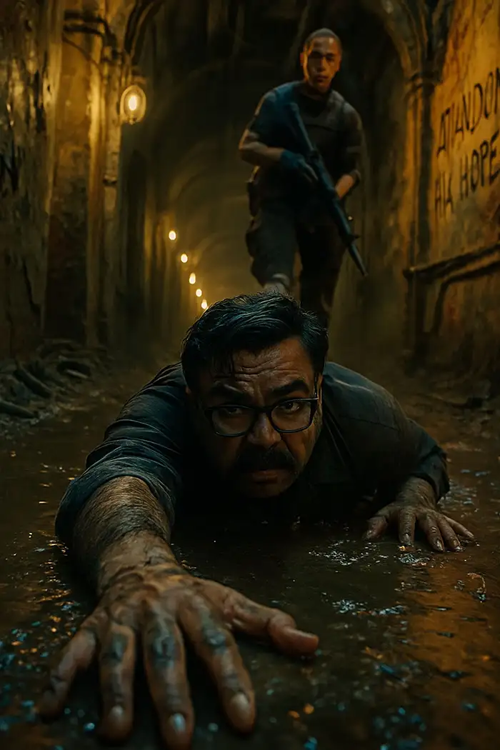 Panicked man dragged by guard in dark corridor, gritty cinematic scene