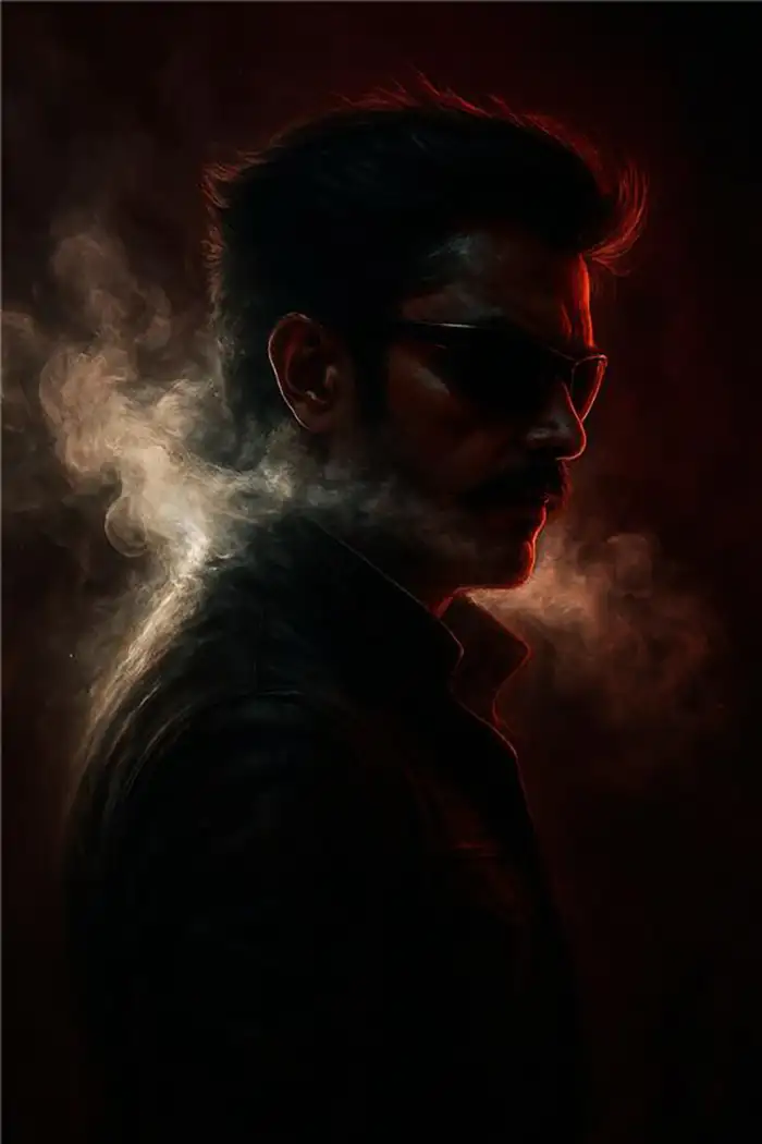 Person in smoke filled atmosphere, no cigarette, swirling dense fog