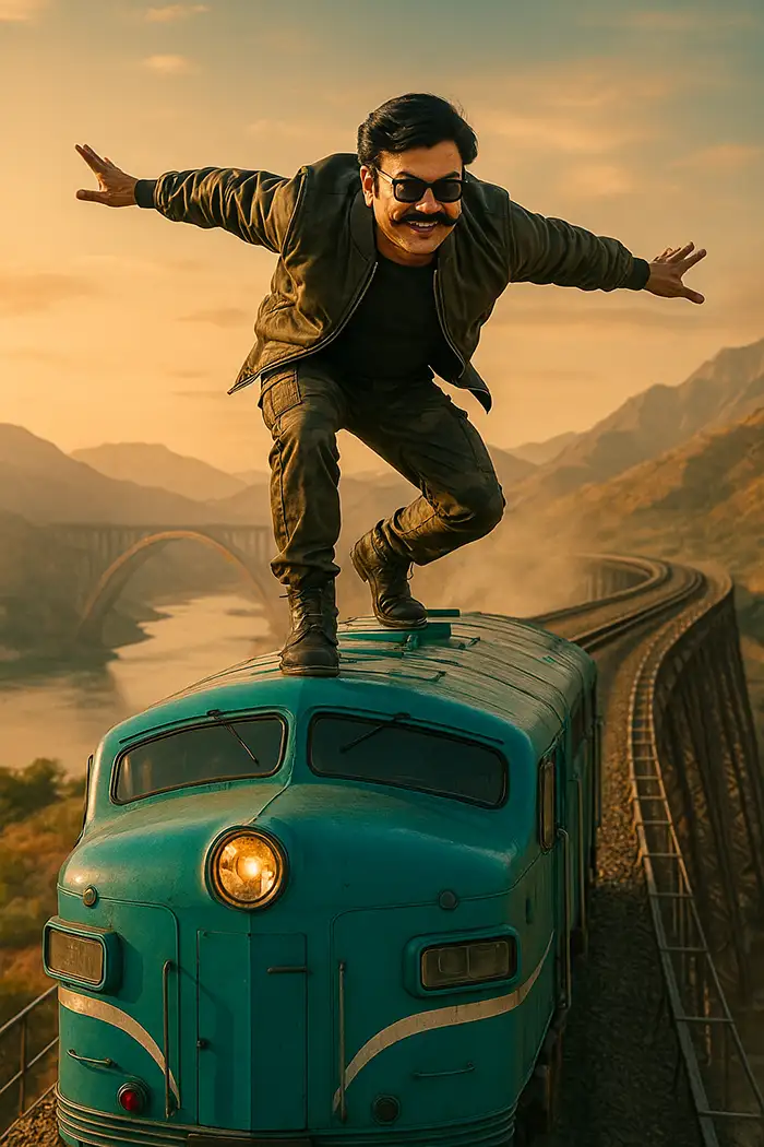 Person standing on the roof of a locomotive, in the middle of Chenab Rail Bridge