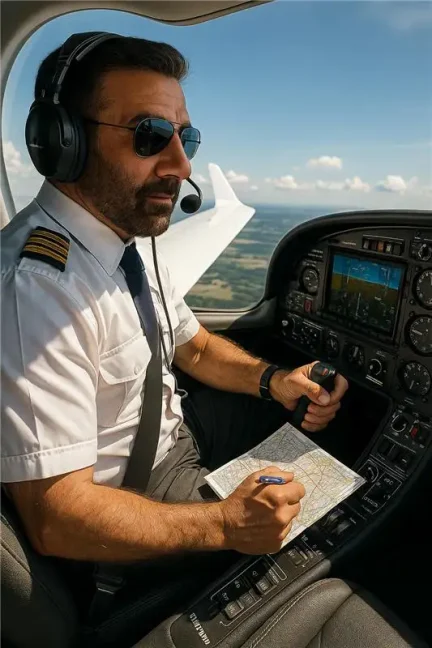 Pilot inside a small Diamond Aircraft cockpit during a daytime flight