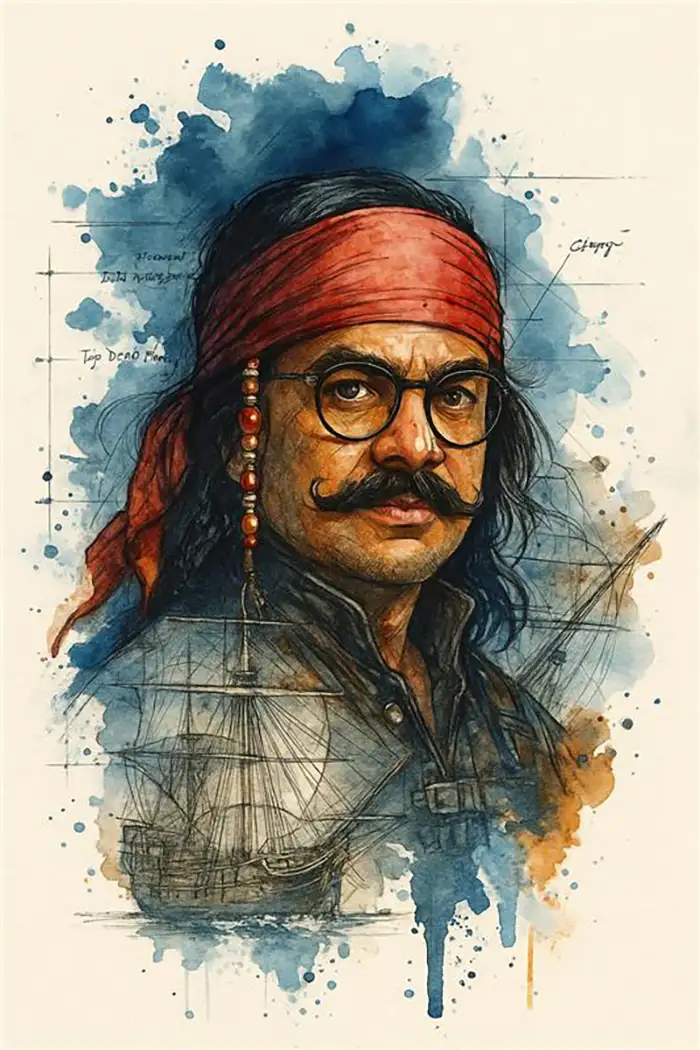 Pirate portrait with a red bandana and beads, blending, ship sketch