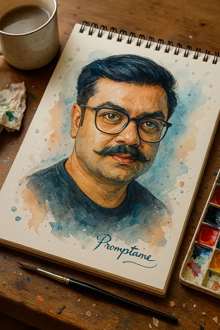 Hyper‑realistic watercolor portrait of a person on spiral‑bound sketchpad