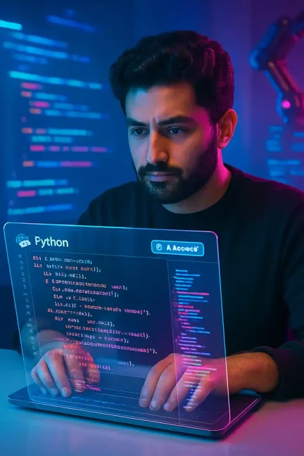 Software developer engrossed in coding at a sleek, cyberpunk backdrop