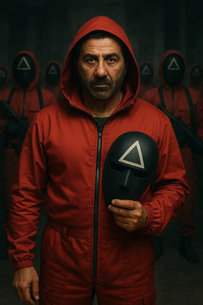 Squid Game inspired man in red hoodie, dystopian setting, holding mask in hand