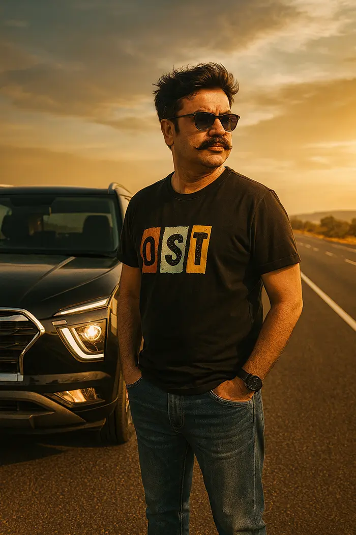 Stylish man standing confidently beside a black Creta car on a highway