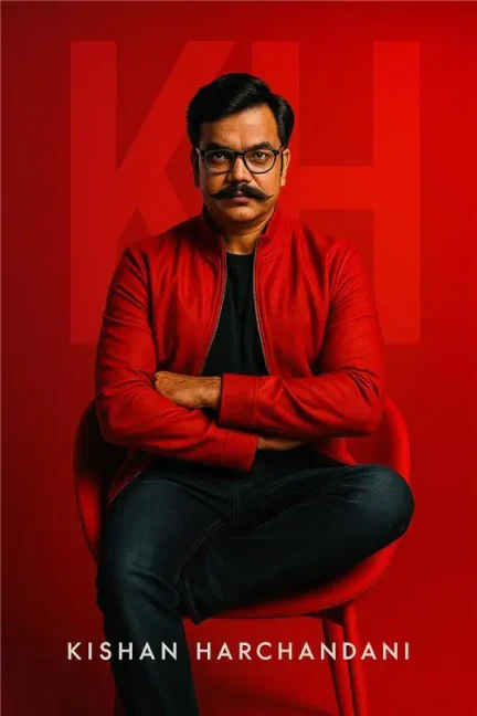 Stylish young man sitting cross legged on a red chair in front of red background