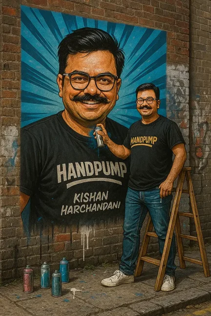 Vibrant Mural of myself and me standing next to wooden ladder holding spray