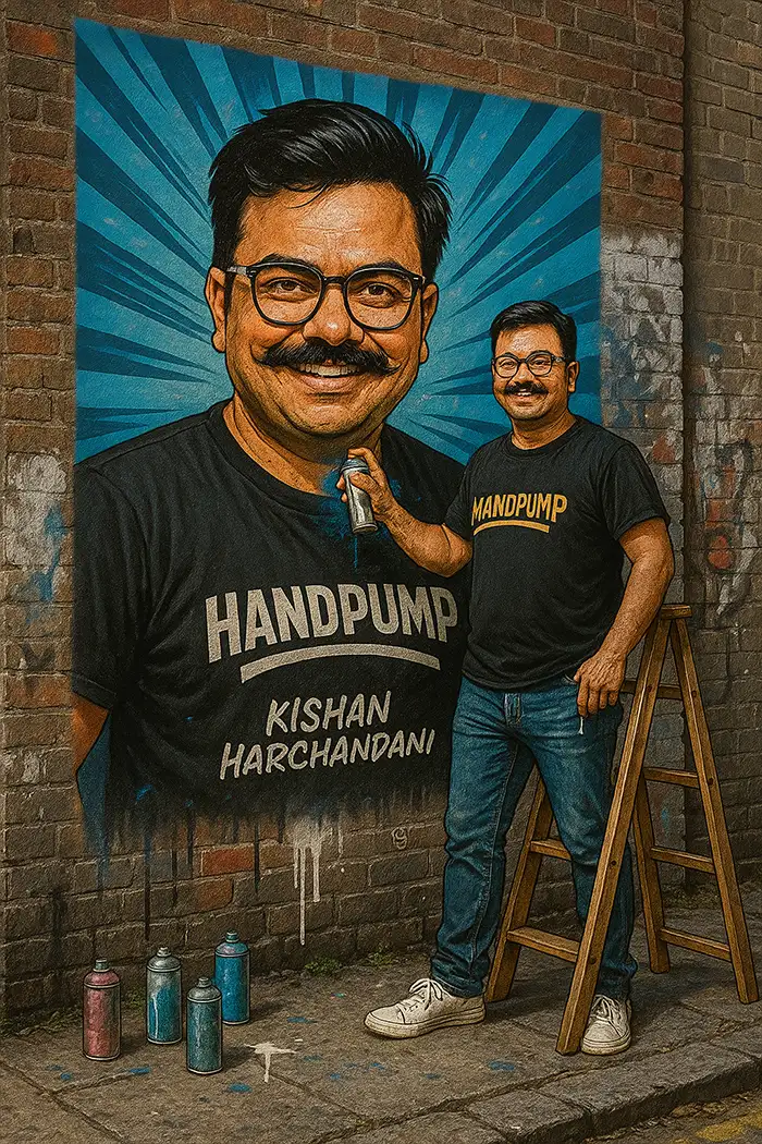 Vibrant Mural of myself and me standing next to wooden ladder holding spray