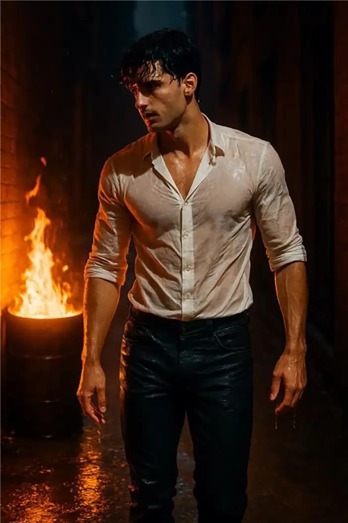 Young man walking sideways through a urban alley,firelight burning oil barrel