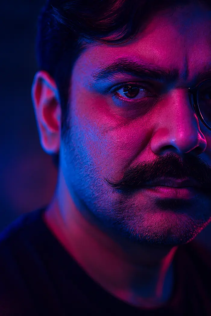 Young man's face, only left half visible, neon lighting, colorful reflections