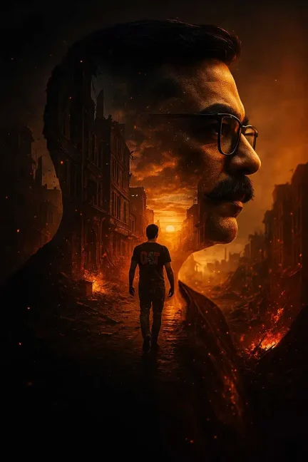 Cinematic double exposure with a post-apocalyptic cityscape inside silhouette