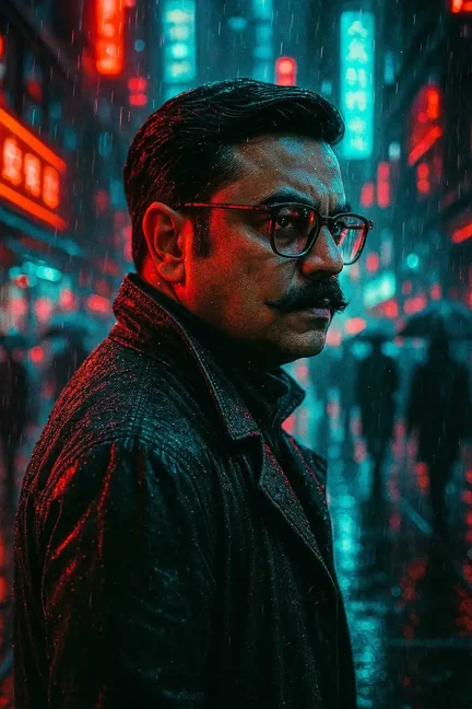 Cinematic cyberpunk portrait, neon-lit futuristic city, nighttime, heavy rain