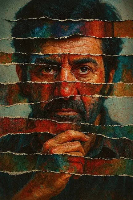 Surreal collage portrait made from uneven horizontal strips of torn paper