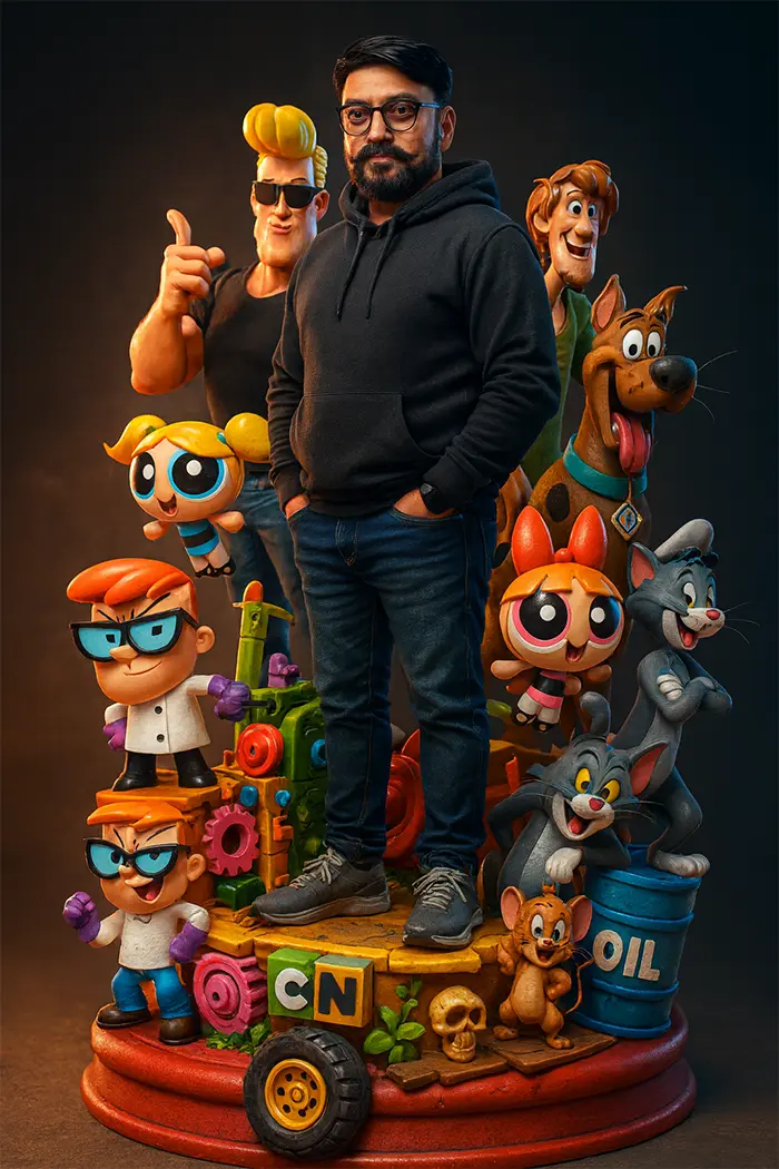 3D render of a man standing, toy-themed pedestal, iconic cartoon characters
